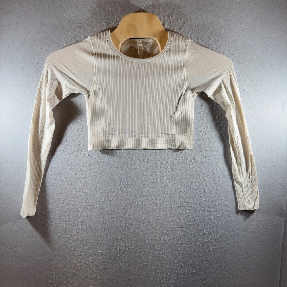 1622 | Lululemon Ebb to Street Ribbed Cropped Long Sleeve Top Cream Womens 8